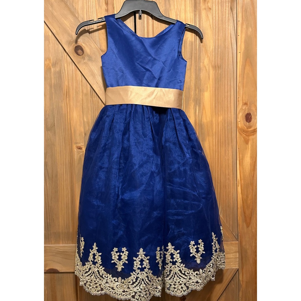 Huncho Royal Blue Gold Lace Trim Flower Girl Party Dress Kids Made in USA